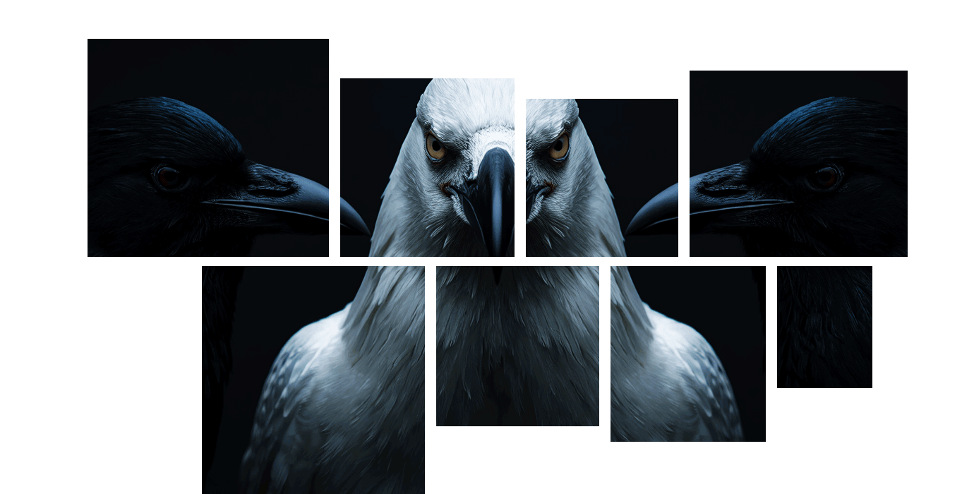 Symmetrical studio portrait of a majestic white eagle facing forward with piercing amber eyes, flanked by two glossy black ravens in profile gazing inward against a dark charcoal background.